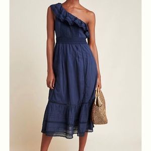 ANTHRO Velvet Coco One-Shoulder Lace Midi Dress